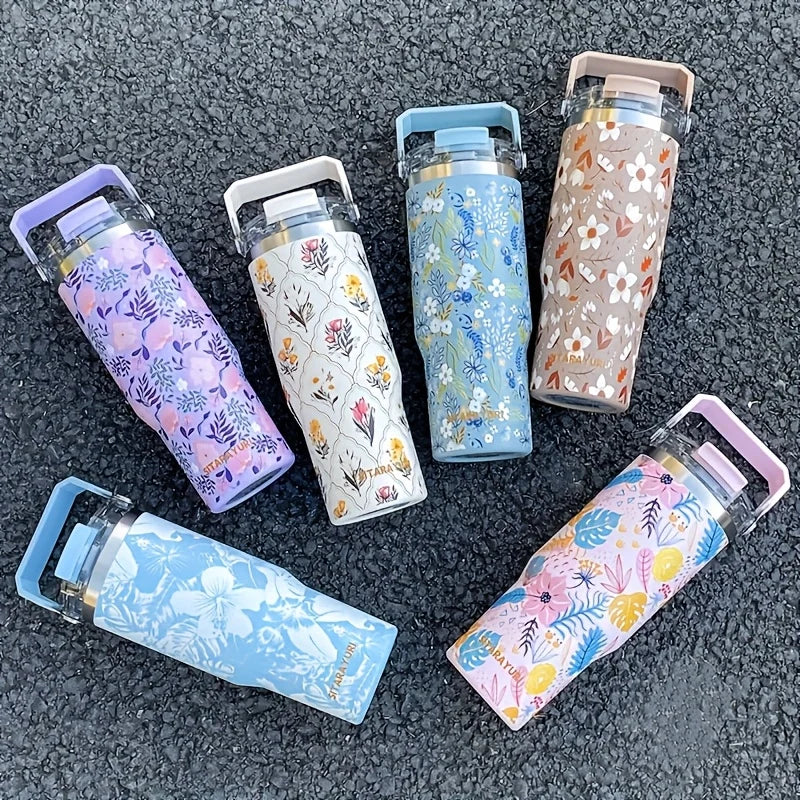 1pc lightweight luxury floral stainless steel thermos flask 900ML