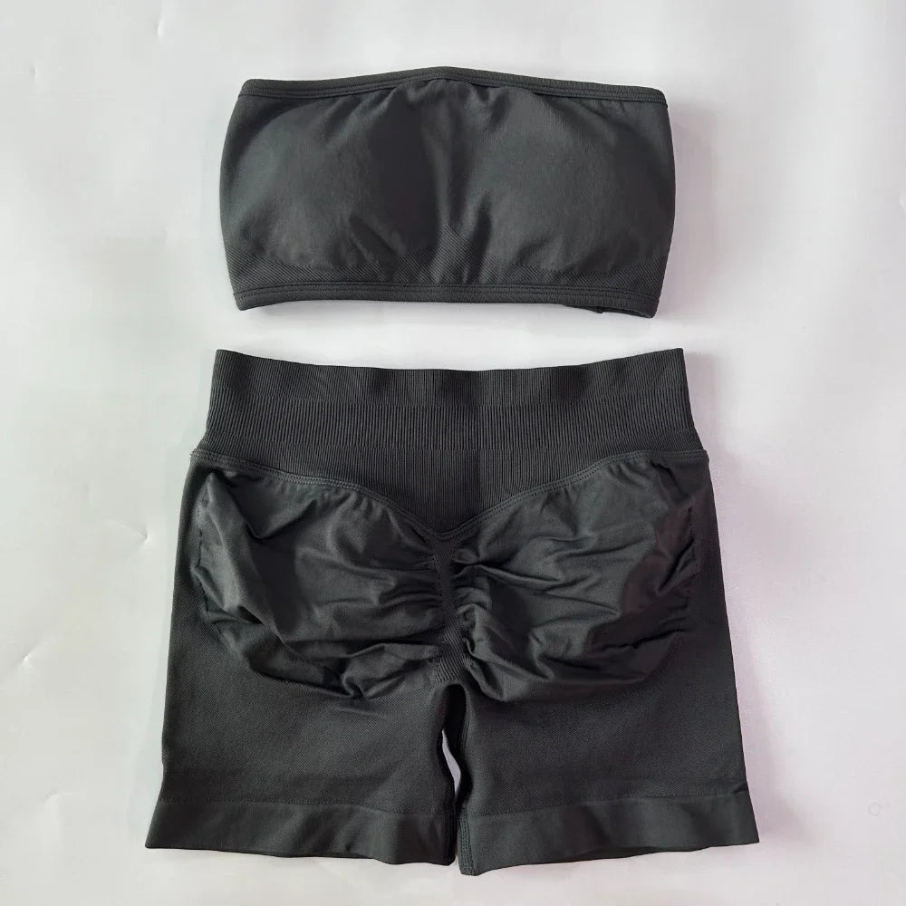 2 Pieces Yoga Set Backless Bandeau Scrunch Shorts