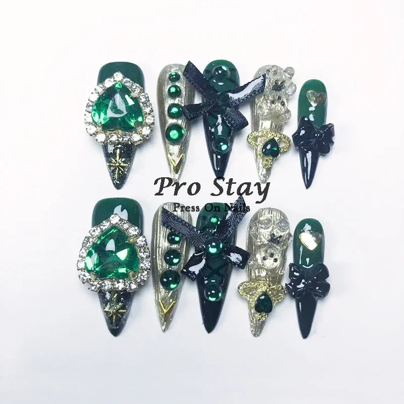 10pcs black Handmade Press On Nails Metal Decoration Y2k