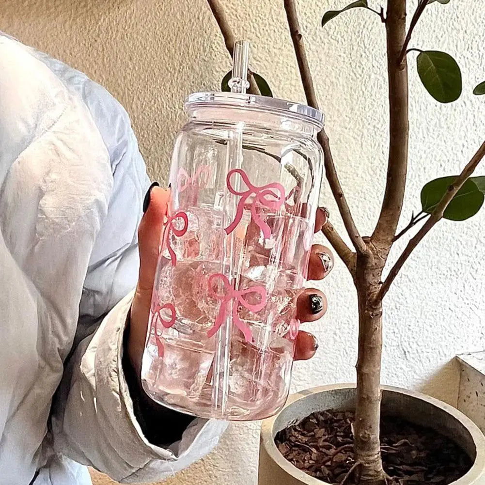 500ml Pink Bow Plastic Cups With Lids