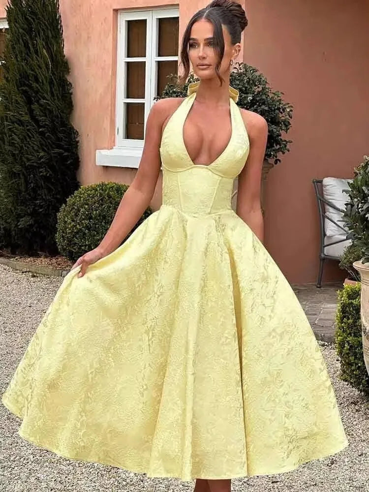 Strapless Jacquard Backless Bow Evening Party Dress