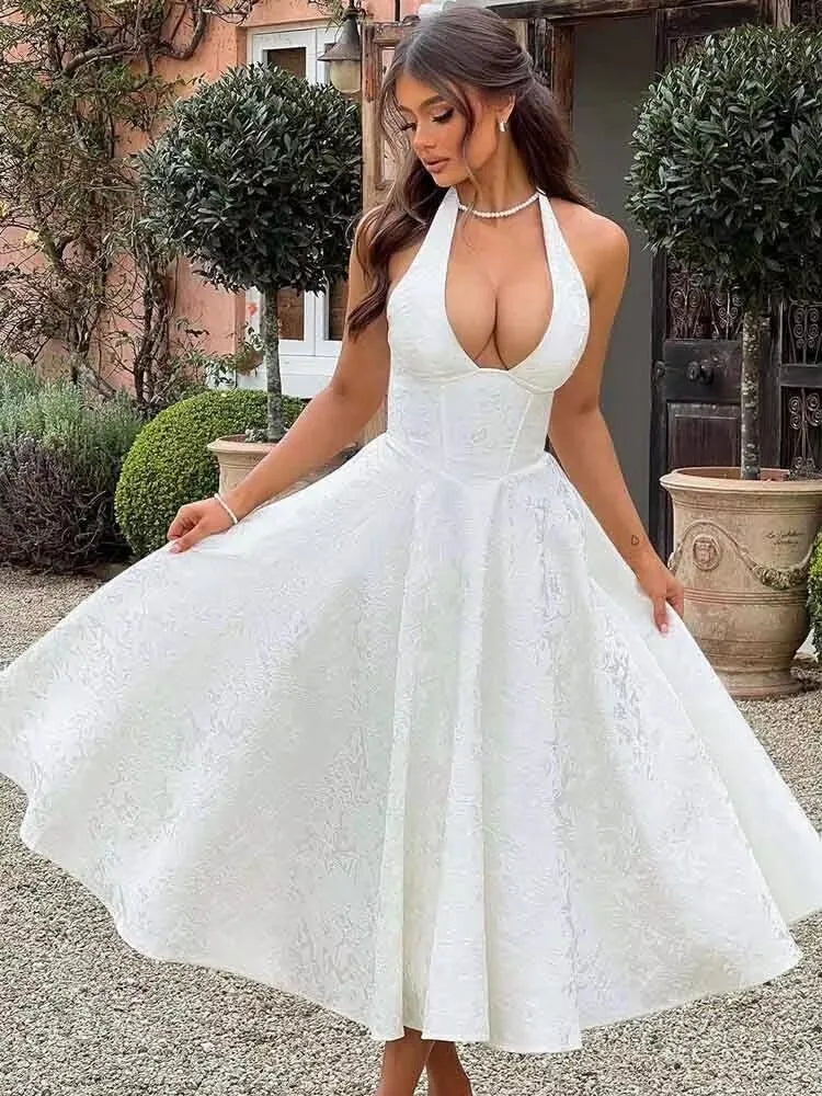 Strapless Jacquard Backless Bow Evening Party Dress