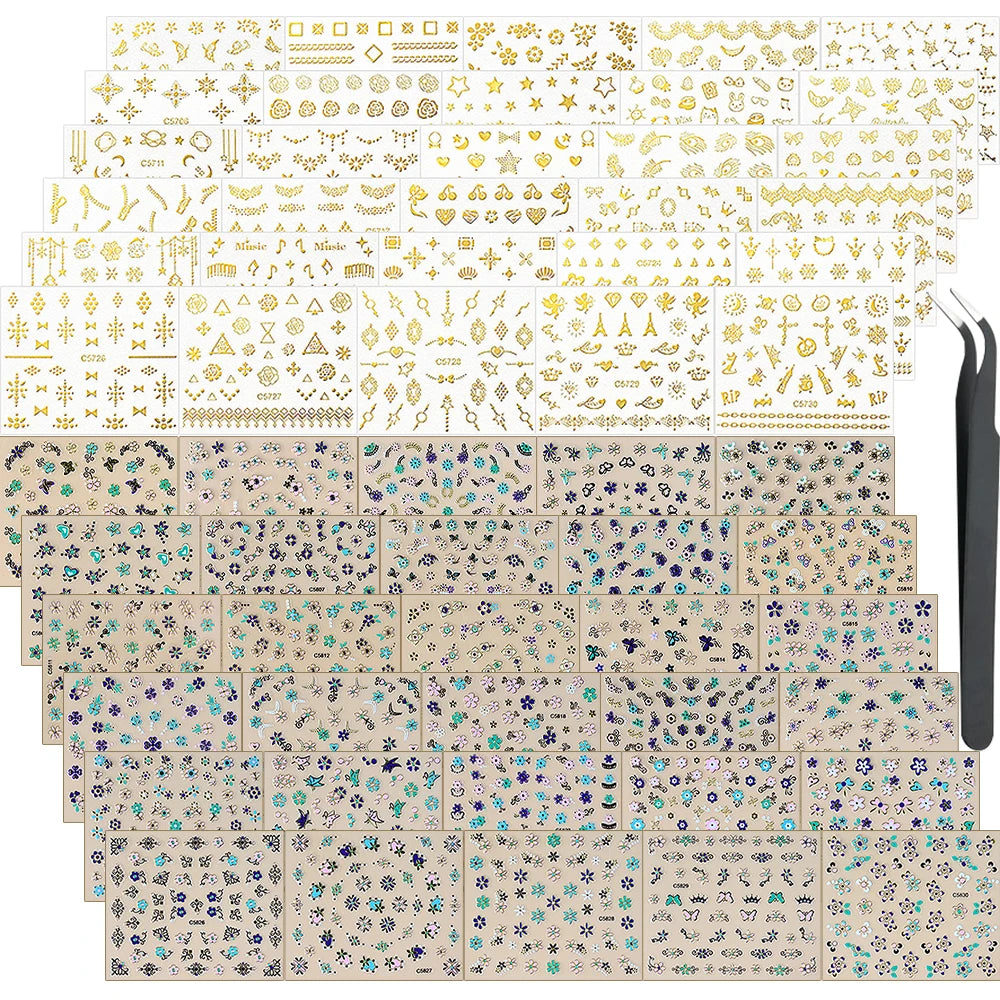 3D Colorful Flowers Cherry Blossoms Rose Daisy Nail Decals 20/30/60/90pcs