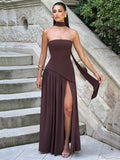 Mozision Strapless Off-shoulder Sexy Maxi Dress For Women Gown Patchwork Scarf Collar Thigh High Split Club Party Long Dress