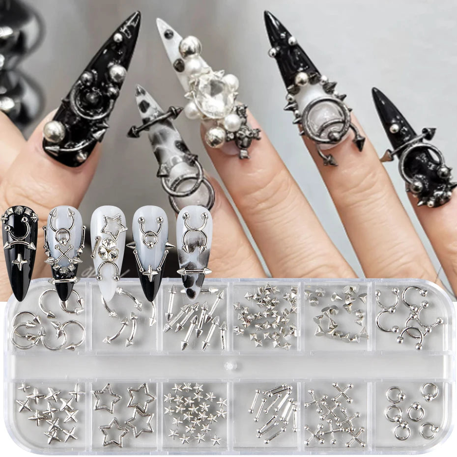 12 Grids Punk Metal Rivets Pierced Style Nail Charms Y2K
