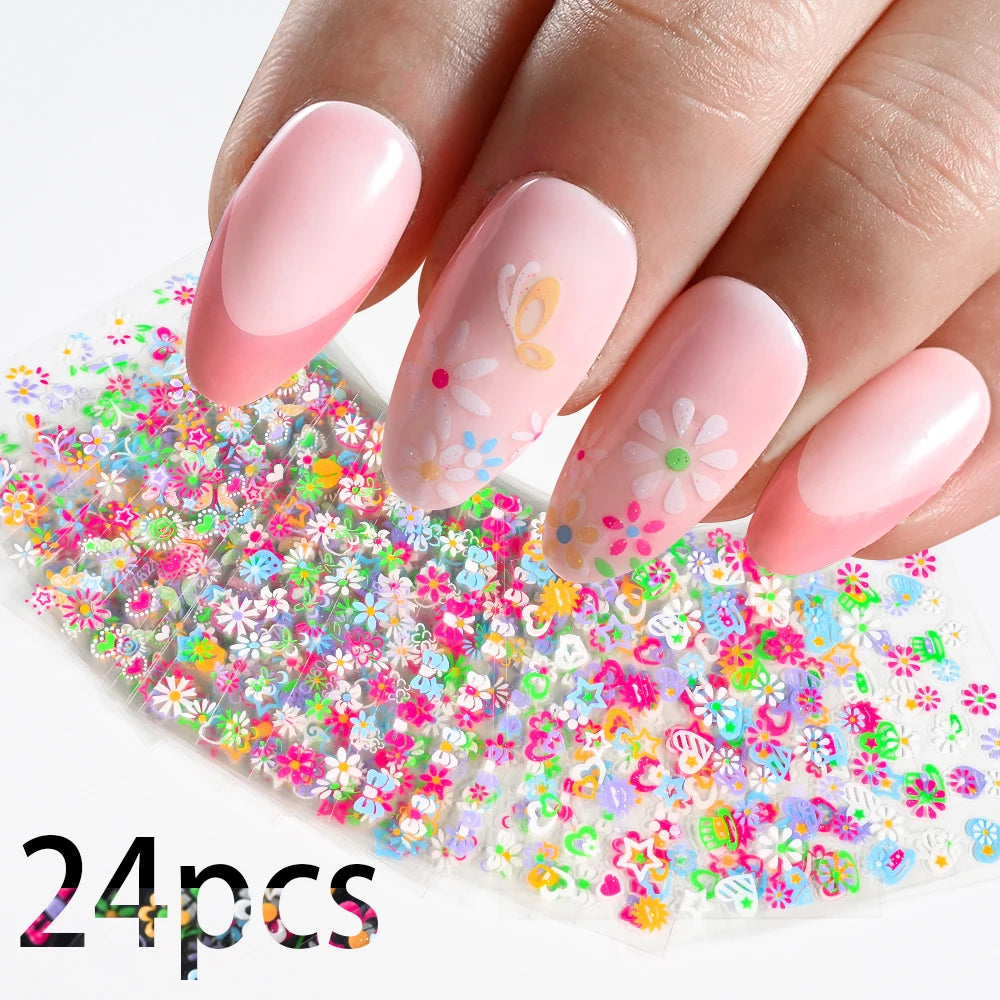3D Colorful Flowers Cherry Blossoms Rose Daisy Nail Decals 20/30/60/90pcs