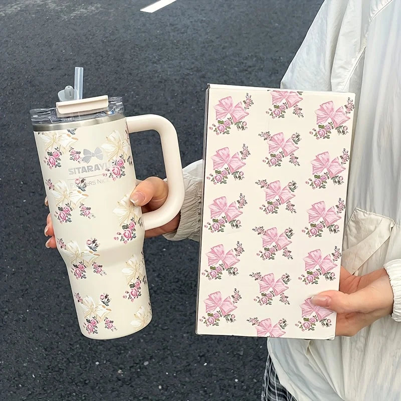 1pc 900ml Floral Print Stainless Steel Vacuum Insulated Tumbler