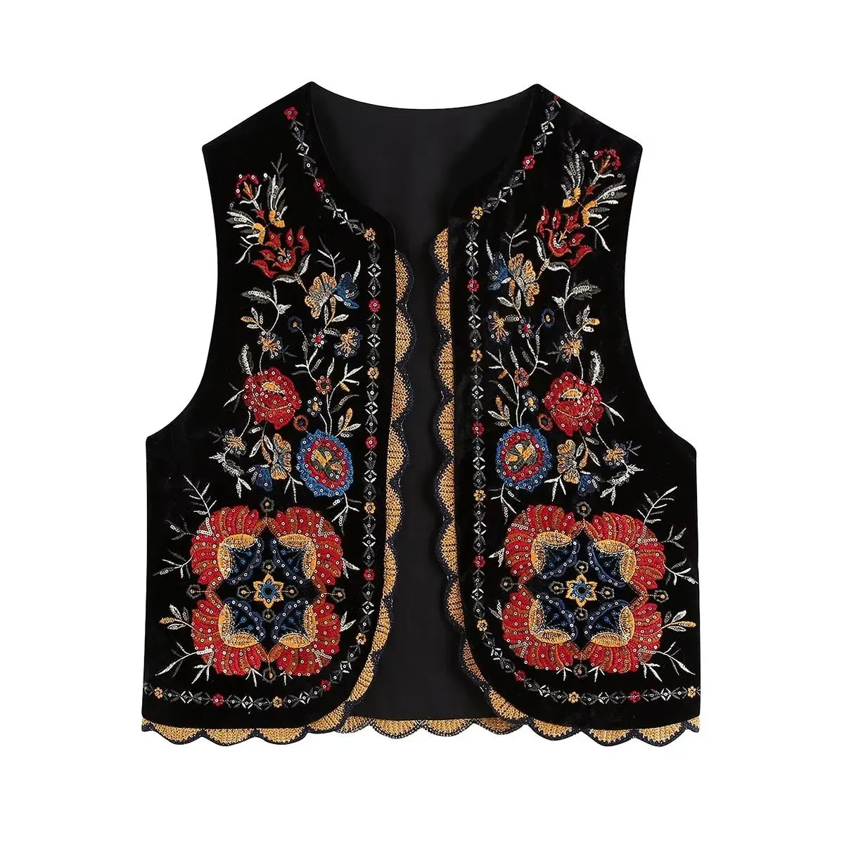 Women Vintage Sequins Flower Embroidery Vest