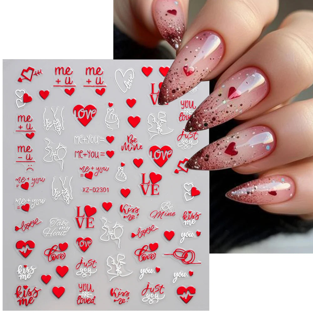 12pcs Red Heart Valentine Nail Stickers Set