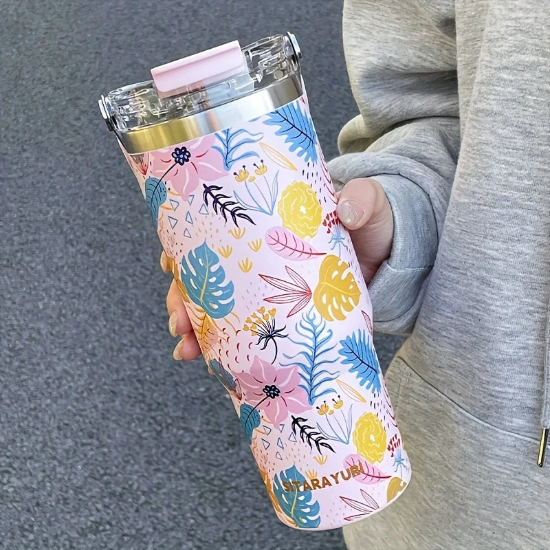 1pc lightweight luxury floral stainless steel thermos flask 900ML