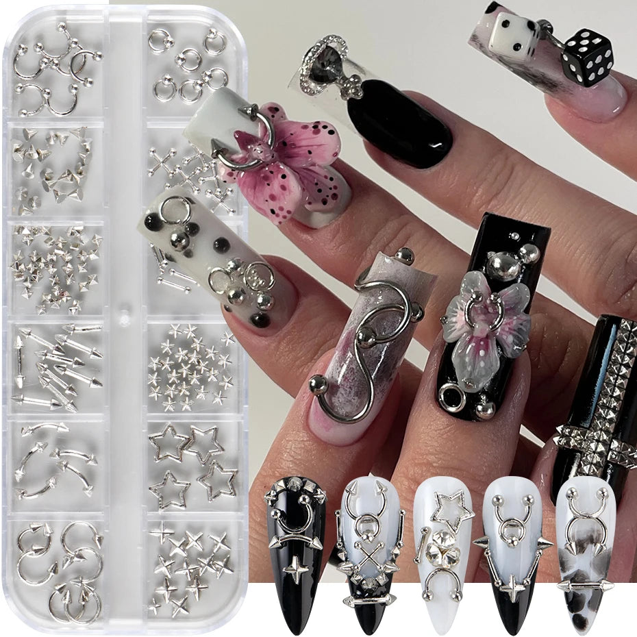 12 Grids Punk Metal Rivets Pierced Style Nail Charms Y2K