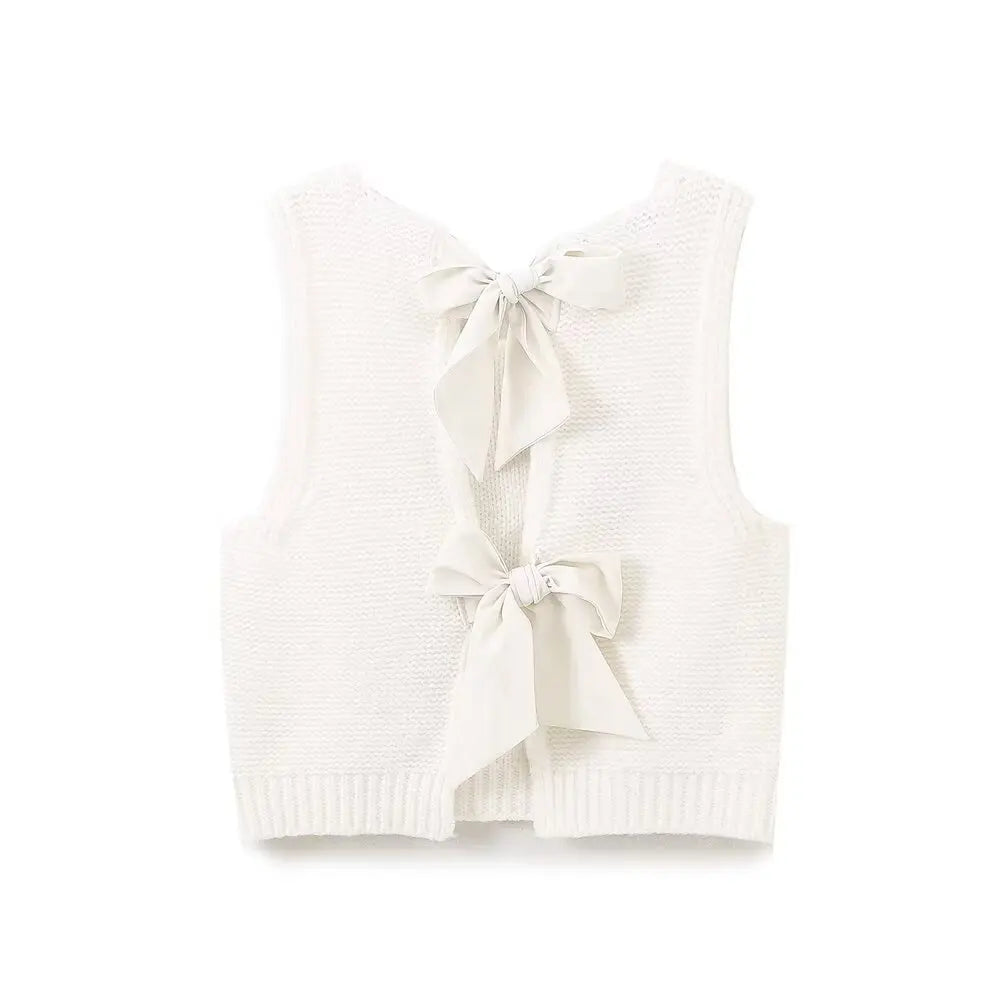 Sleeveless Back Bow Tied Design Short Knitting Vest