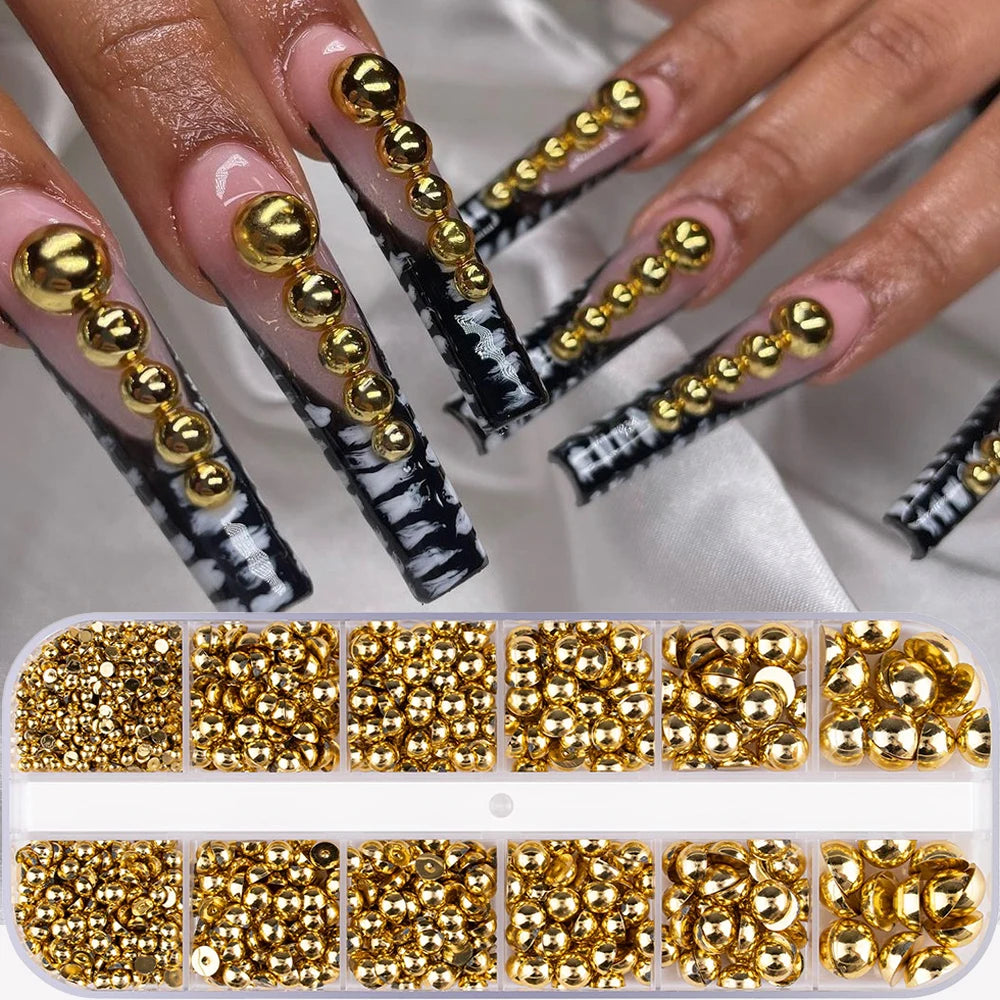 12Grid Shiny Silver Half Round Metal Caviar Charms 2/3/4/5/6/8mm Flatback