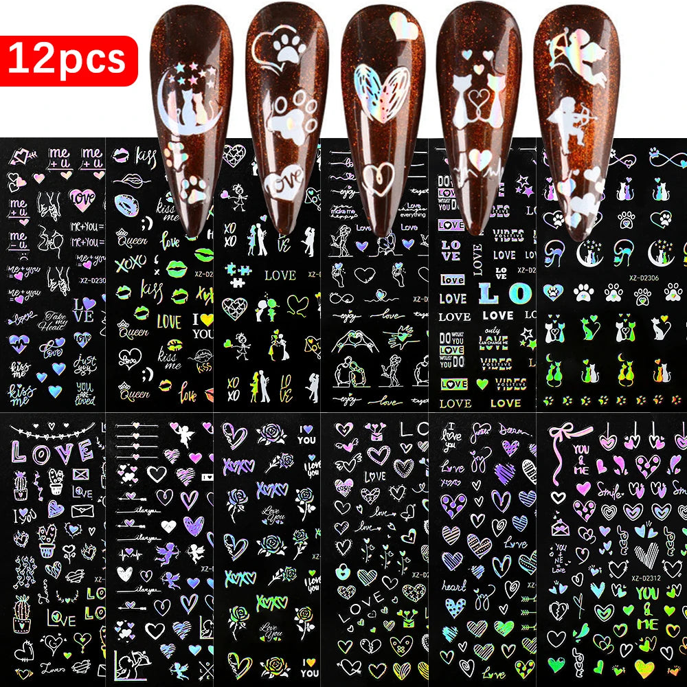 12pcs Red Heart Valentine Nail Stickers Set
