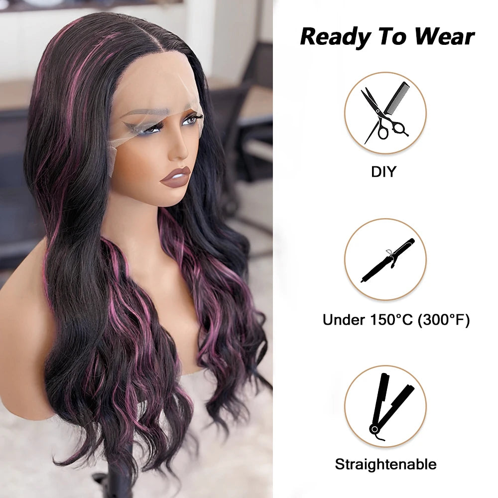Pink Highlight Colored Lace Front Wig Synthetic Loose Wave