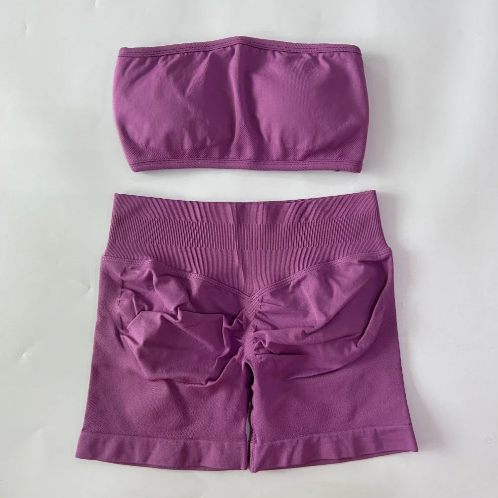 2 Pieces Yoga Set Backless Bandeau Scrunch Shorts