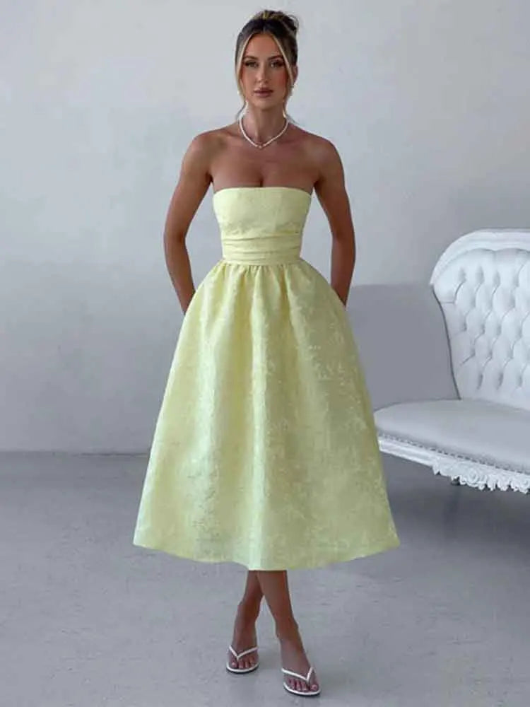 Strapless Jacquard Backless Bow Evening Party Dress