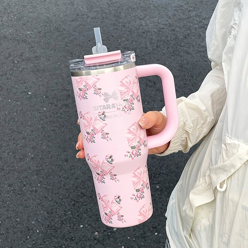 1pc 900ml Floral Print Stainless Steel Vacuum Insulated Tumbler