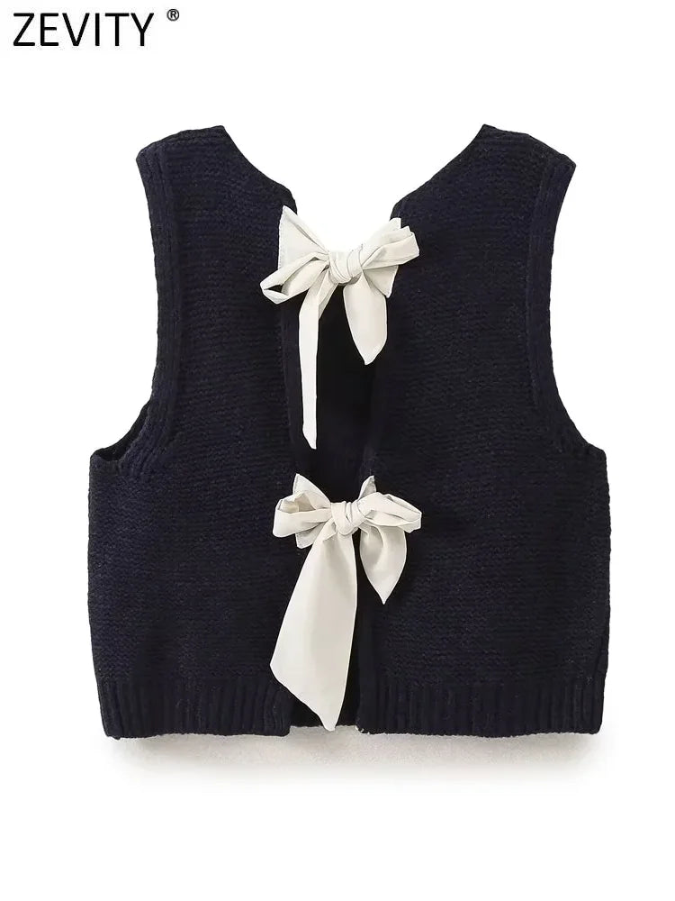 Sleeveless Back Bow Tied Design Short Knitting Vest