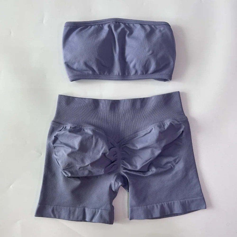 2 Pieces Yoga Set Backless Bandeau Scrunch Shorts
