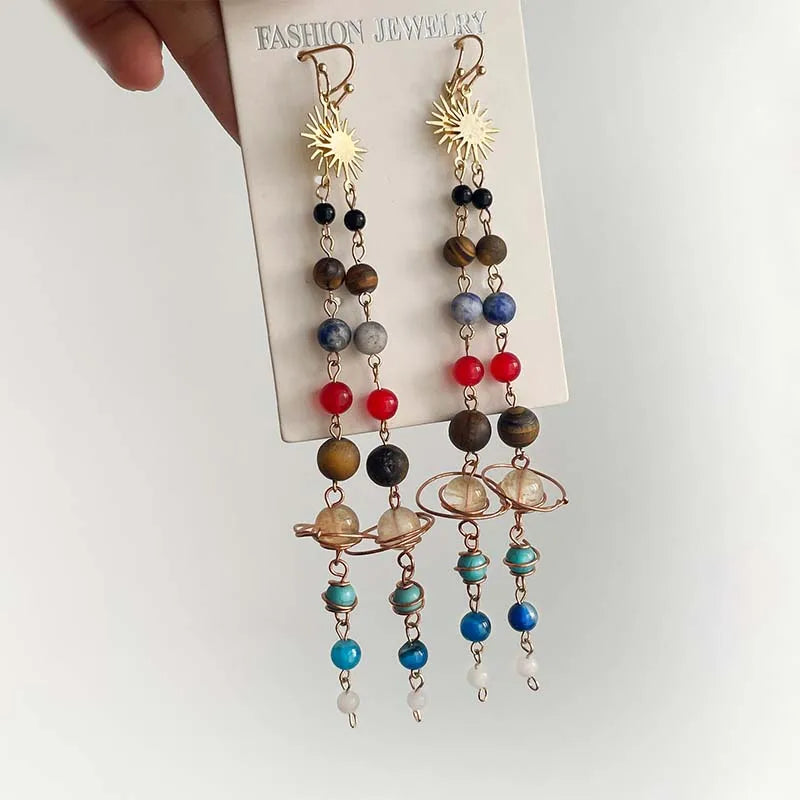 Handmade Crystal Earth Saturn Cosmic Sun Earrings
