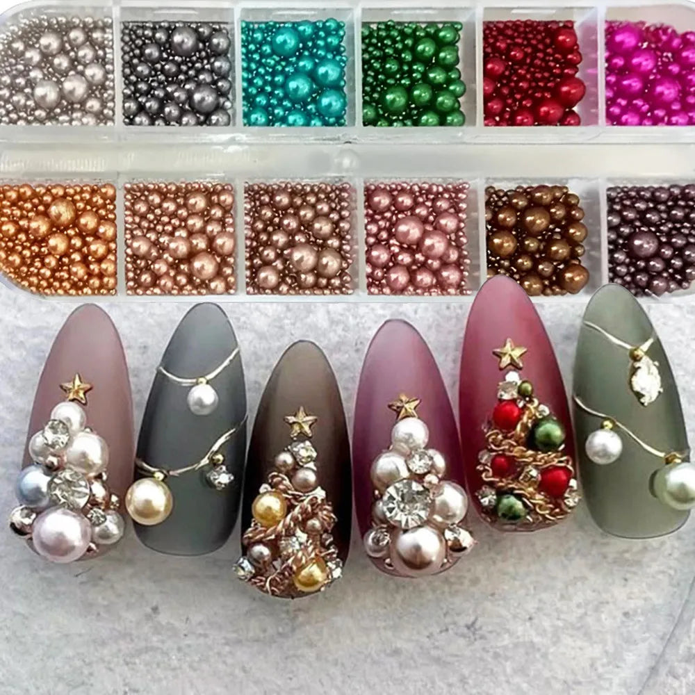 12 colors Mix Size Nail Pearls Rhinestones